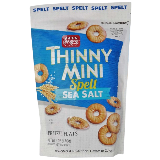 KOSHER THINNY MINI 100% SPELT PRETZEL FLAT SEA SALT 170 GR.