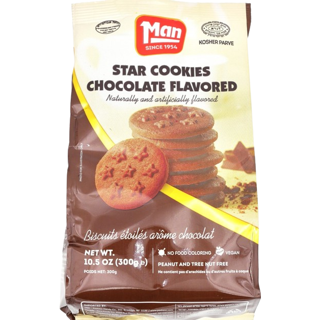 kosher chocolate-flavored cookies by MAN. Crunchy and fun, perfect for kids’ snacks. 300g pack of sweet chocolate goodness.