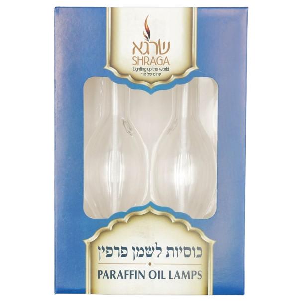 2 GLASS PARAFFIN OIL LAMPS WITH WICKS SHRAGA