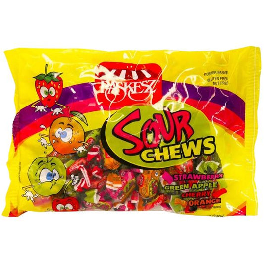 KOSHER SOUR CHEWS PASKESZ STRAWBERRY APPLE CHERRY ORANGE 340 GR.