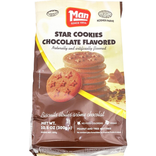 kosher chocolate-flavored cookies by MAN. Crunchy and fun, perfect for kids’ snacks. 300g pack of sweet chocolate goodness.